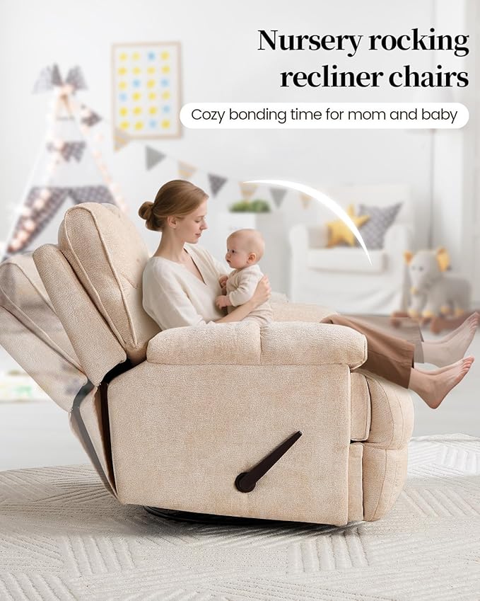 Oversized Recliner Chair Manual Swivel Rocker Recliner for Living Room Chenille Overstuffed Nursery Reclining Sofa Chair Rocking Recliners for Adults 400lbs (Manual, Beige)-Ruum Studio Home