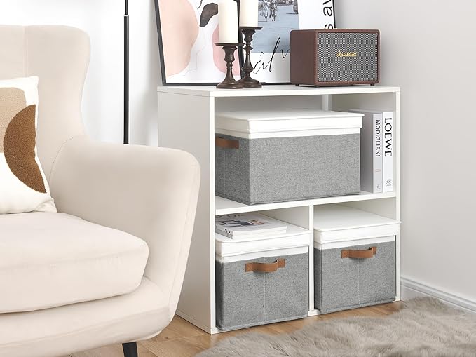 StorageWorks Storage Bins with Lids, Decorative Storage Boxes with Lid and PU Handles, Foldable Storage Baskets for Closet, Shelves, Stackable, Gray and White, Jumbo, 3-Pack-Ruum Studio Home