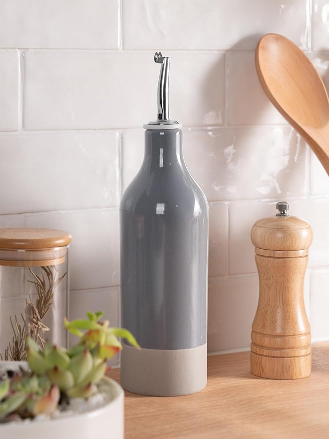 famiware Milkyway 16oz Ceramic Olive Oil Dispenser Bottle, 1 Piece Oil Dispenser for Kitchen with Stainless Steel Pourers, Suitable for Storage Vinegar, Soy Sauce, Coffee Syrup, Liquids, Dark Gray-Ruum Studio Home