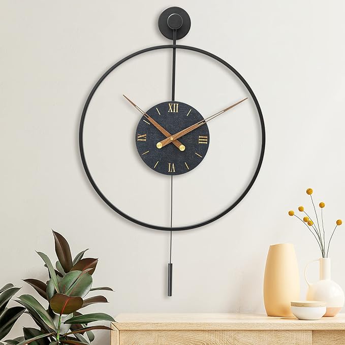 Large Modern Wall Clock,Wall Clocks for Living Room Decor,Classical Metal Minimalist Roman Numeral Dial,Big Decorative Farmhouse Pendulum Wall Clock With Walnut Pointers for Office,Dining Room-Ruum Studio Home