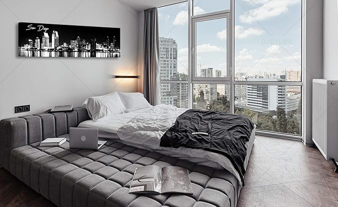 DJSYLIFE San Diego Skyline Wall Art Black and White Night View USA Cityscape California Pictures Artwork Painting Poster for Bedroom Office Decoration Stretch Framed Ready to Hang 13.8"x47.3"-Ruum Studio Home