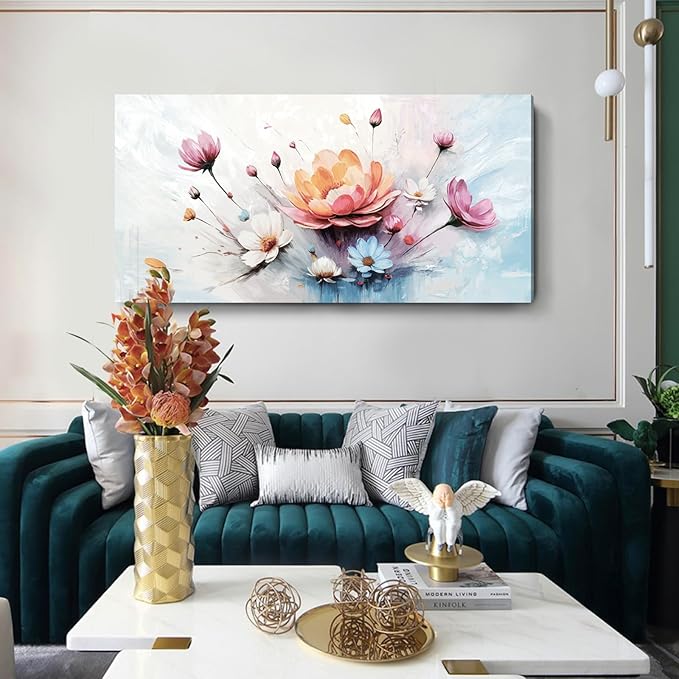 amatop Oversized Wall Art for Living Room Elegant Pink White Blue Floral Art Print Large Abstract Nature Botanical Picture Contemporary Garden Bloom Canvas Decoration Bedroom Office Hallway 58x29 inch-Ruum Studio Home
