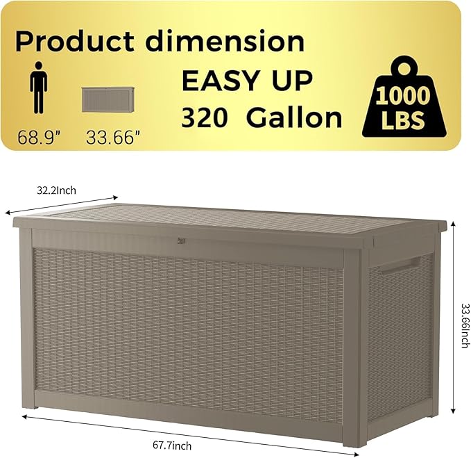 320 Gallon Outdoor Storage Box Waterproof Lockable Resin Deck Box Large, Patio Storage Bin for Pool Accessories Cushion Furniture, Garden Tools, UV-Resistant Outside Delivery Grey-Ruum Studio Home