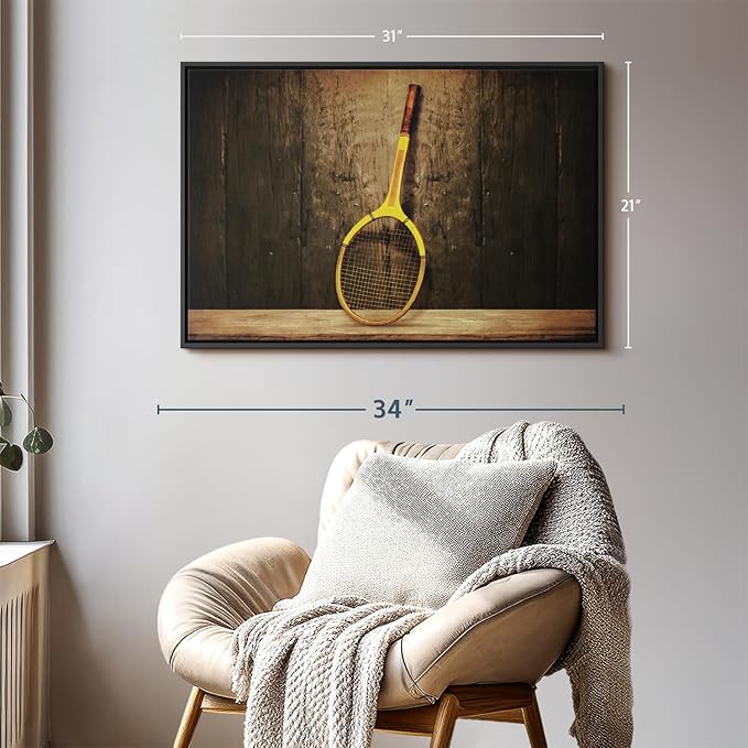 ElephantStock Vintage Tennis Racket Wall Art - Horizontal Framed Canvas - 1-Piece Living Room Wall Decor - Photography Sports Canvas Print - Brown and Black Decor for Wall - 31" X 21"-Ruum Studio Home