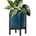 D'vine Dev Ceramic Planter with Ebony Stand - 12 Inch Modern Round Flower Pot with Wood Planter Holder, Teal, 55-B-H-4-Ruum Studio Home