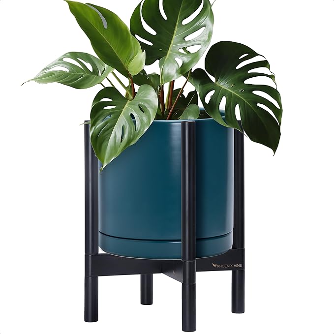 D'vine Dev Ceramic Planter with Ebony Stand - 12 Inch Modern Round Flower Pot with Wood Planter Holder, Teal, 55-B-H-4-Ruum Studio Home