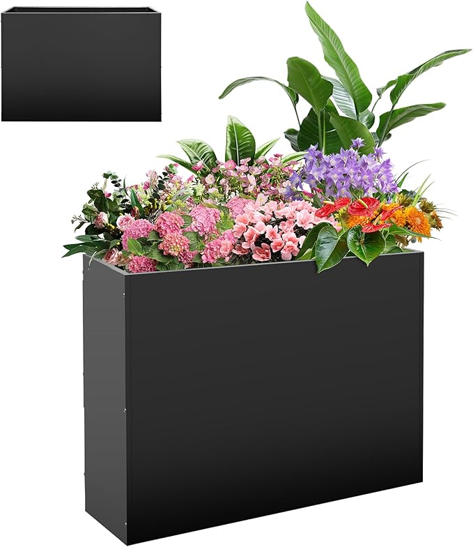 Metal Rectangular Planter Box, Large Planter Boxes Outdoor, 37''L x 13''W x 26''H Heavy Duty Plant Box with Removable Insert Shelf, 3 Tier Adjustable Height Tall Garden Planter for Plants, Flowers-Ruum Studio Home
