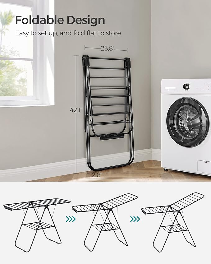SONGMICS Clothes Drying Rack, with Sock Clips, Metal Laundry Rack, Foldable, Space-Saving, Free-Standing Airer, with 2 Height-Adjustable Gullwings, Indoor Outdoor Use, Black ULLR052B01-Ruum Studio Home