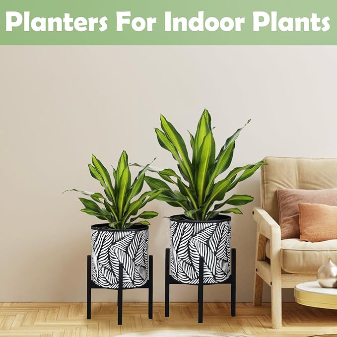 10 & 12 Inches Plant Pot with Stand Set of 2, Decorative Palm Leaves Printing Planter with Holder, Garden Pot for Snake Plant, Monstera, Houseplants - Indoor Outdoor Flower Pots with Drainage Holes-Ruum Studio Home