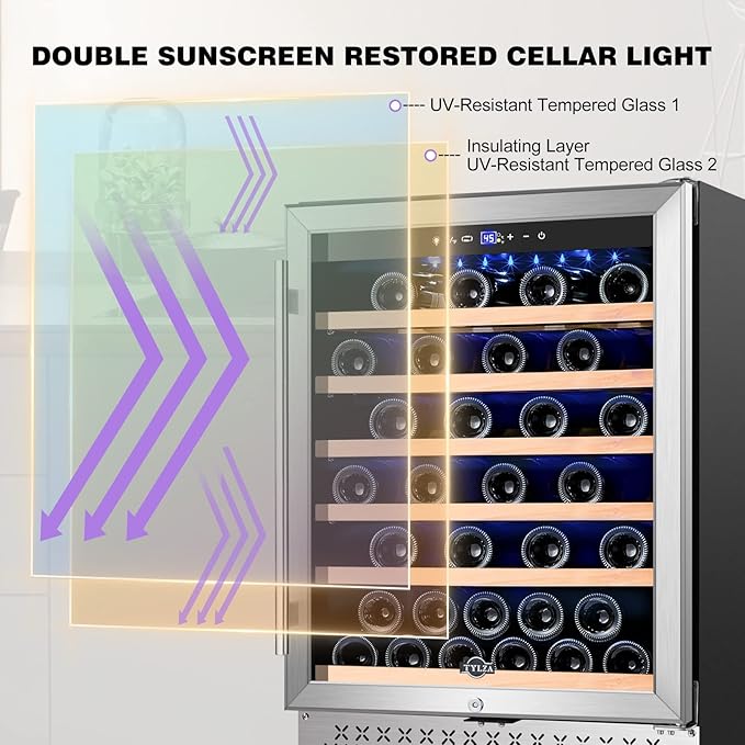 Tylza 24 Inch Wine Cooler Refrigerator, 51 Bottle Built-in or Freestanding, 24'' Fridge with Stainless Steel & Double Layer Tempered Glass Door and Temperature Memory Function-Ruum Studio Home