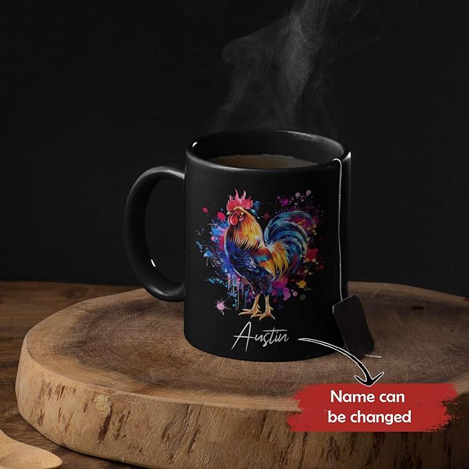 Customized Name Rooster Coffee Mug - Gift for Men Women, Personalized Black Cup, Unique Chicken Ceramic 11oz 15oz, Funny Colorful Themed-Ruum Studio Home