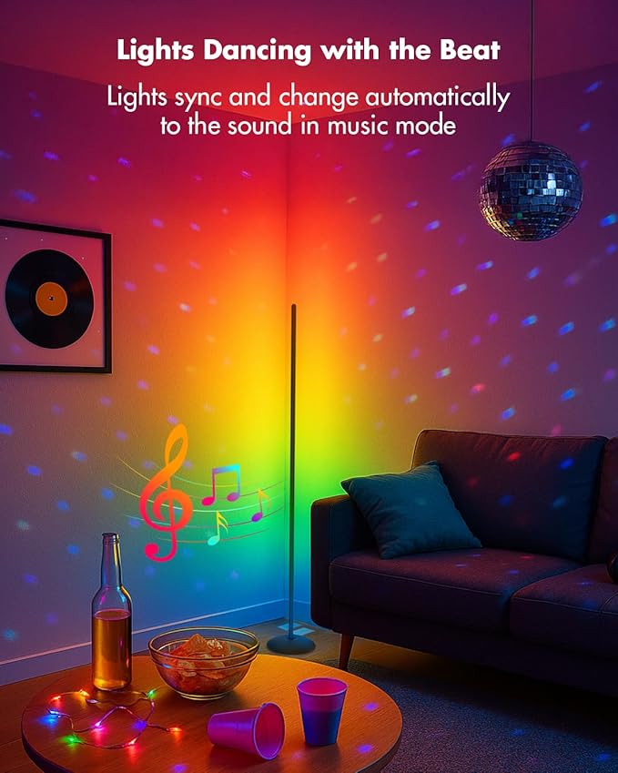 Corner Floor Lamp, Smart RGB LED Corner Lamp with App & Remote, Modern Floor Lamp with 16 Million Colors, Music Sync, Scene Modes, Color Changing Standing Lamps for Living Room, Bedroom-Ruum Studio Home