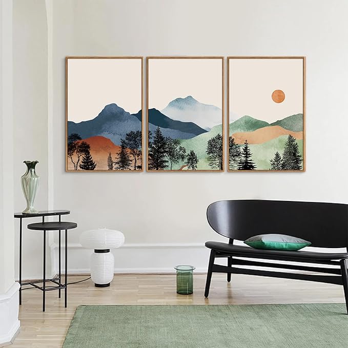 SIGNINART Boho Mountain Framed Canvas Wall Art Set of 3, Watercolor Nature Landscape Set Art Prints, Modern Sunrise Art Paintings, Green Forest Wall Decor for Living Room, Bedroom, Office 16"x24"x3-Ruum Studio Home
