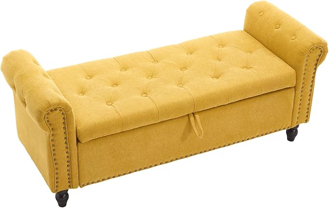 Furniliving 55” End of Bed Bench, Bedroom Bench with Button-Tufted, Large Upholstered Storage Ottoman Benches Window Bench with Storage Shoe Cabinet Bench, for Bedroom, Living Room, Linen, Yellow-Ruum Studio Home