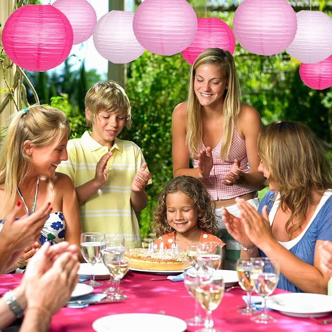 Paper Lanterns Decorative, Pink Hanging Round Chinese Lanterns with Lights for Engagement Bachelorette Birthday Party 12 LED Light Pack of 12-Ruum Studio Home