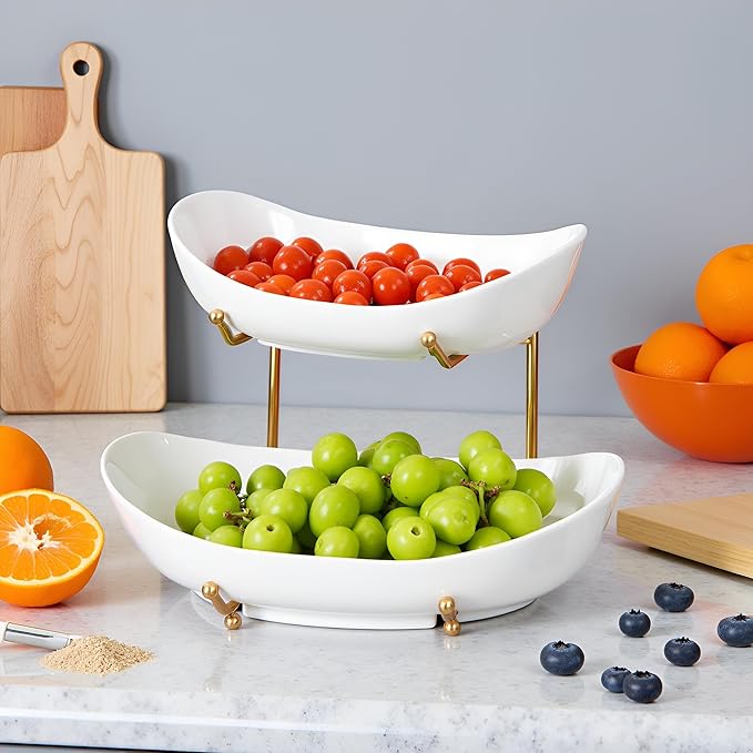HBlife Extra Large Fruit Basket for Kitchen Counter - 2 Tier Ceramic Fruit Bowl with Metal Stand, Bathroom Countertop Organizer, Tiered Serving Trays for Party-Ruum Studio Home