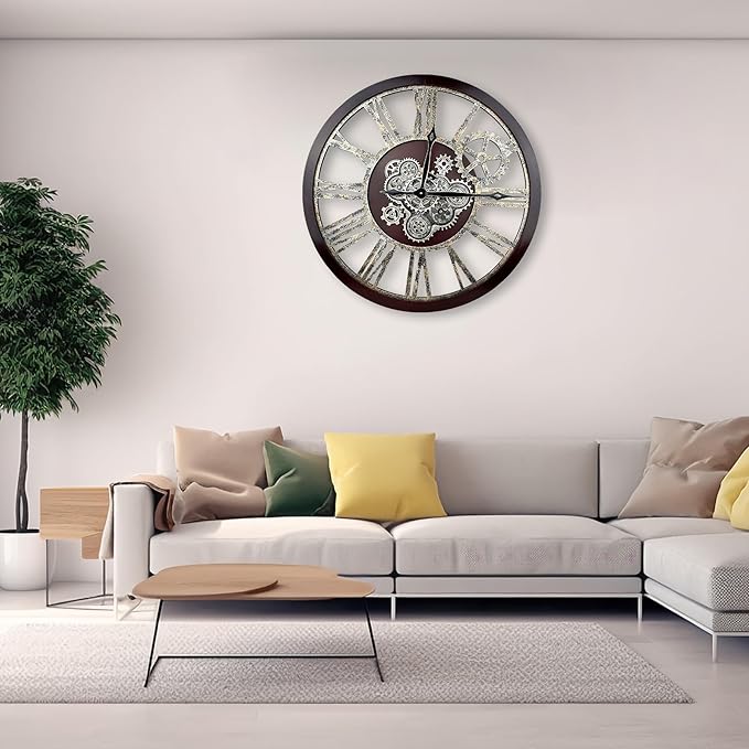 The B-Style Large Real Moving Gears Wall Clock 30 inch Rustic Retro Industrial Farmhouse Wood Clock Oversized Decorative Vintage Wall Clocks for Living Room (Cherry red and Bronze-Ruum Studio Home
