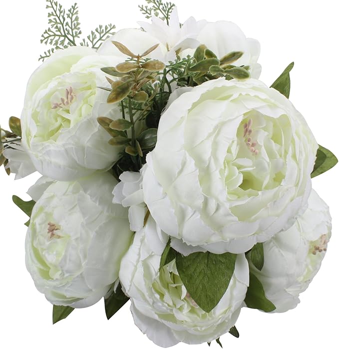 Duovlo Springs Flowers Artificial Silk Peony Bouquets Wedding Home Decoration,Pack of 1 (Spring White)-Ruum Studio Home
