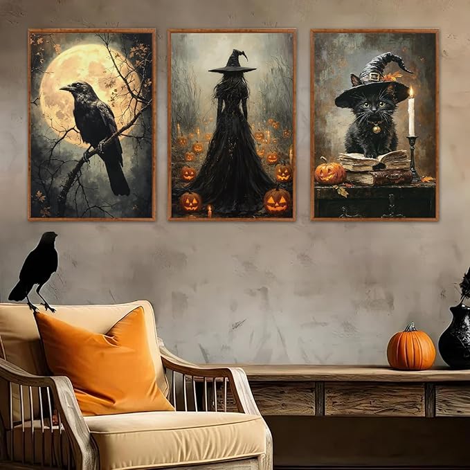 KAIRNE Framed Halloween Canvas Wall Art,Dark Witch Crow Prints,Black Cat Painting,Horror Gothic Pictures Set of 3 (16”X24”),Scary Halloween Wall Decor for Party Living Room Bedroom Office Decoration-Ruum Studio Home