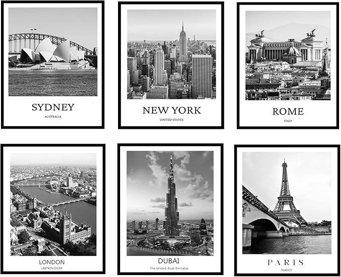 ELEVENSPACE Black And White Wall Art Decor,New York, London, Tokyo, Paris, Eiffel Tower Wall Decor Art,Modern Boho Wall Art for Living Room Bedroom Prints Poster,8x10 Inch Set of 6,Unframed-Ruum Studio Home