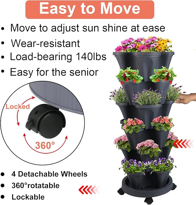 Vertical Planter 6 Tier Stackable Planters Garden Planters Strawberry Herb Flower and Vegetable Planter Indoor Outdoor Gardening Pots with Removable Wheels and Tools-Ruum Studio Home
