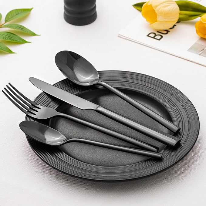 KINGSTONE Black Silverware Set, 20-Piece Forged Flatware Set Cutlery Set Premium Stainless Steel, Service for 4, for Kitchen, Home, Wedding, Party, Mirror Polished and Dishwasher Safe-Ruum Studio Home