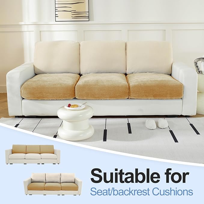 Couch Cushion Covers Individual Large Super Stretch Chenille (Softer Version) Sofa Cushion Covers, Couch Seat Covers Couch Slipcovers Furniture Protector (3PC, Khaki)-Ruum Studio Home