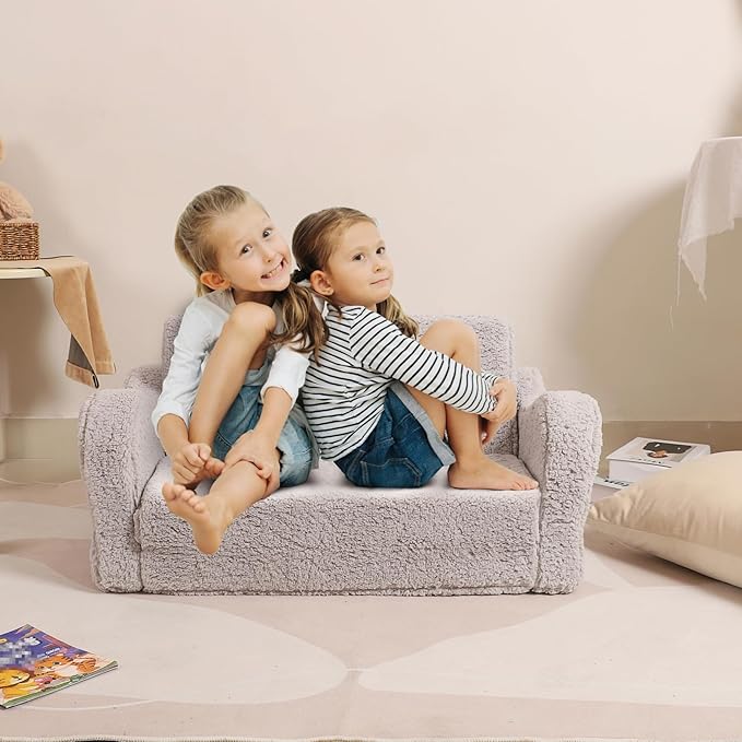 Kids Extra Wide Chairs for Toddler, 2-in-1 Toddler Soft Sherpa Couch Fold Out, Convertible Sofa to Lounger for Girls and Boys, Grey-Ruum Studio Home