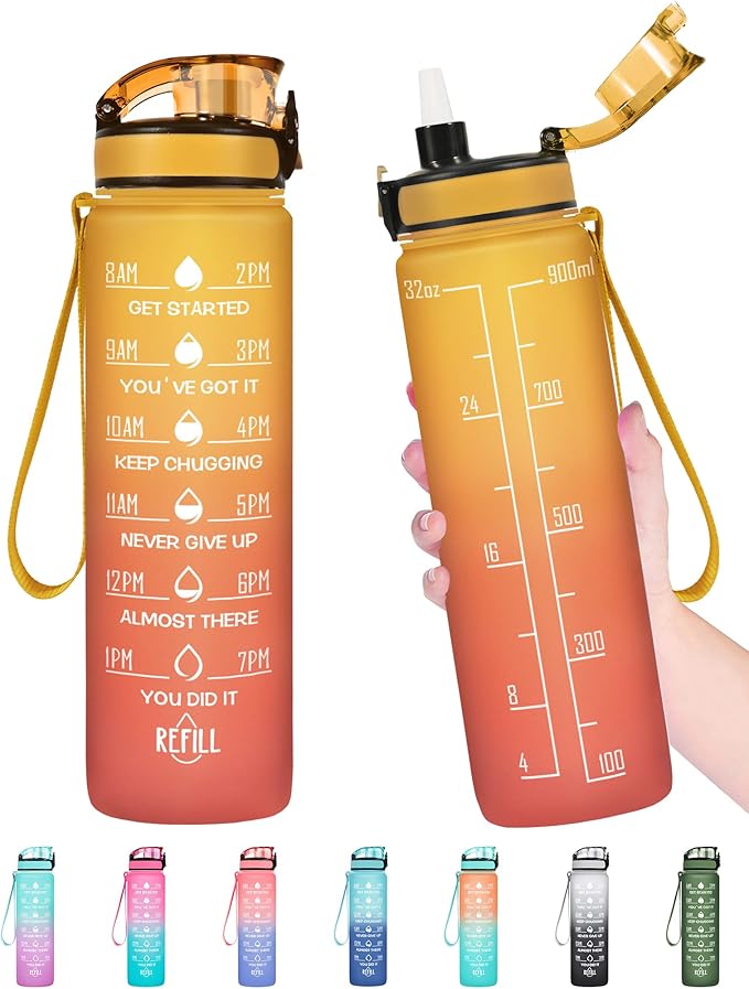 Enerbone Water Bottle, Leakproof BPA & Toxic Free, Motivational Water Bottle with Times to Drink and Straw, Fitness Sports Water Bottle with Strap for Office, Gym, Outdoor Sports-Ruum Studio Home