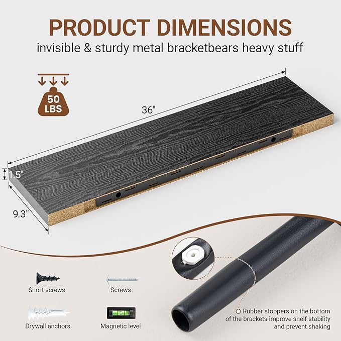 Heimlove Floating Shelves for Wall 36 Inches Long,9.3" Deep Black Floating Shelf Set of 2,Wall Mounted Shelves for Bathroom Bedroom Living Room Kitchen Office,Shelf for Books Storage,Home Decor-Ruum Studio Home