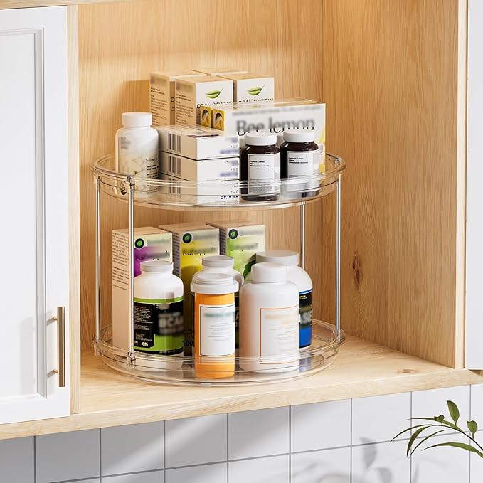 LAMU 2 Pack 10.6'' 2-Tier Lazy Susan Turntable Organizer Rotating Spice Rack Organization for Cabinet, Kitchen, Pantry, Countertop, Bathroom, Vanity, Makeup Organizer, Clear-Ruum Studio Home