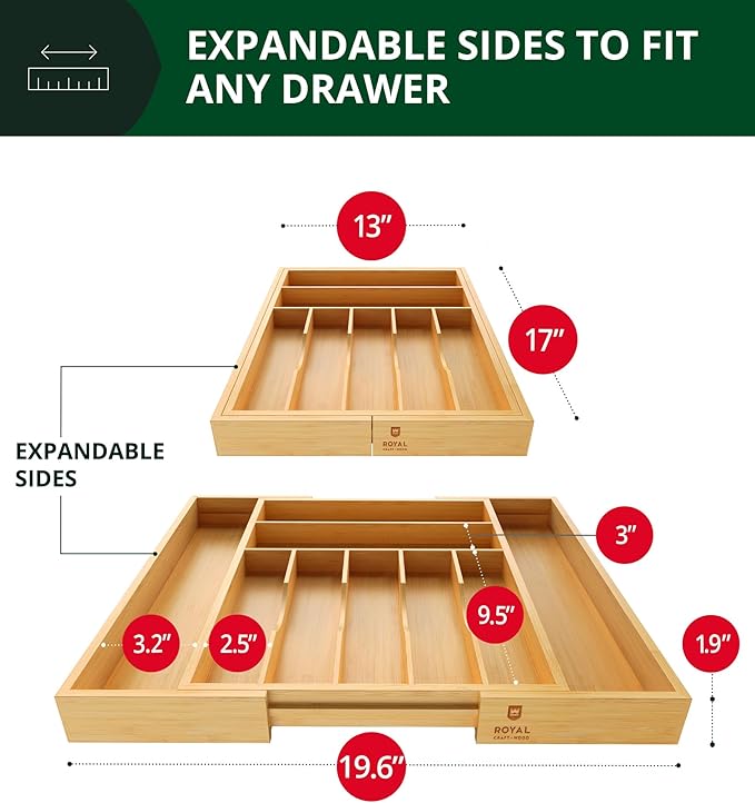 ROYAL CRAFT WOOD Luxury Bamboo Kitchen Drawer Organizer - Silverware Organizer, Utensil Holder & Cutlery Tray Drawer Dividers for Flatware (9 Slot, Natural)-Ruum Studio Home