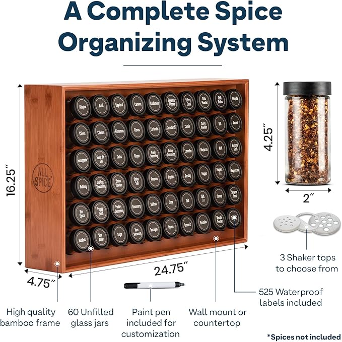 AllSpice Spice Rack Organizer, Wood, 525 Unique Labels, Countertop or Wall Mount, Includes 60 4oz Jars- Cherry Stain-Ruum Studio Home