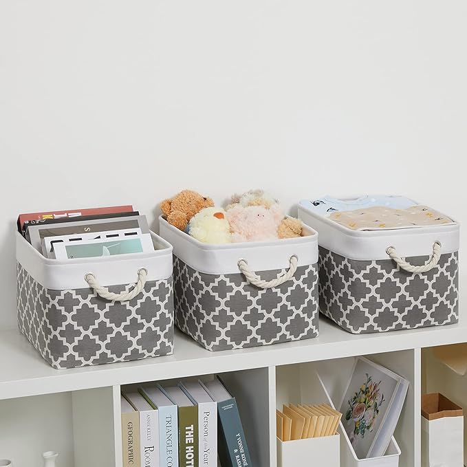 Bidtakay Basket Storage Bins Baskets for Organizing Set of 3 Collapsible Cloth Storage Linen Closet Organizer 15 X 11 X 9.5 Inches Large Foldable Baskets for Shelves (White&Quatrefoil Grey)-Ruum Studio Home