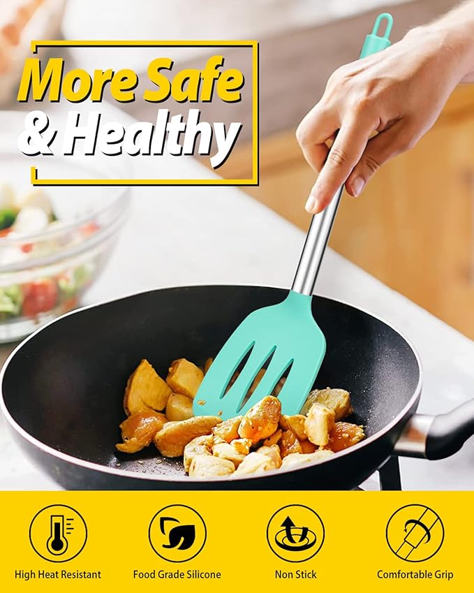 Pack of 2 Silicone Solid Turner, Non Stick Slotted Kitchen Spatulas, High Heat Resistant BPA Free Cooking Utensils, Ideal Cookware for Fish, Eggs, Pancakes(Green)-Ruum Studio Home