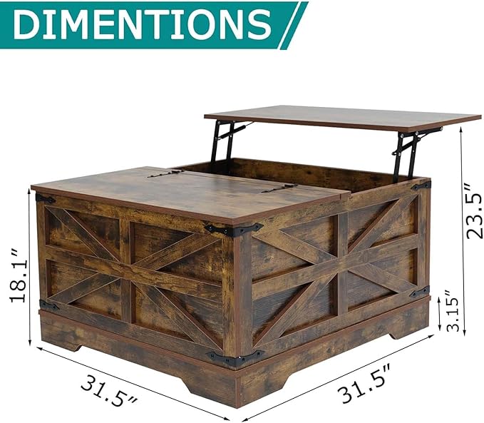Coffee Table with Storage, Rustic Brown Square Coffee Tables for Living Room, Lift top Coffee Table with Large Hidden Compartment, Smart Cocktail Tables with Flip Top Lids for Home Office-Ruum Studio Home