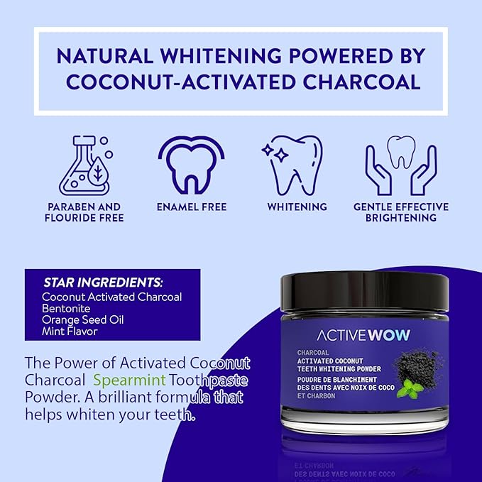 Active Wow Activated Coconut Charcoal Powder - Natural Whitening, Fluoride Free, Sulfate & Paraben Free, Spearmint Toothpaste Powder, 20g-Ruum Studio Home