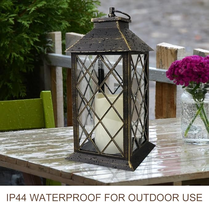 Bright Zeal 13.5" Outdoor Candle Lantern Decorative with LED Pillar Candle Battery Powered (Distressed Gold, 6hr Timer) - IP44 Waterproof Decorative Tabletop Lanterns Hanging Lanterns Indoor Outdoor-Ruum Studio Home