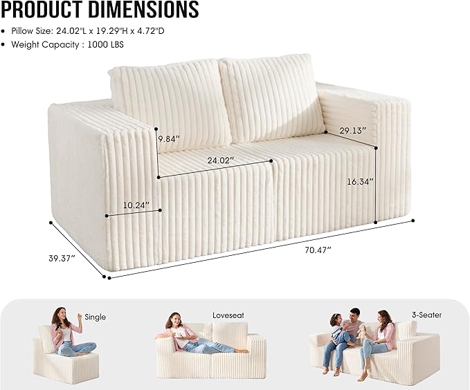 Modular Sectional Sofa 2 Seater Loveseat Modular Couch with Deep Seat Memory Foam Cloud Chair with Pillows Oversized Sectional Sofa for Living Room Bedroom (Strip White, Loveseat)-Ruum Studio Home