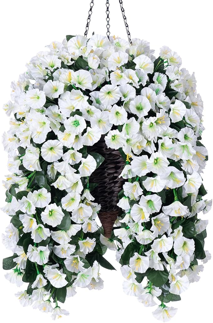 Artificial Faux Hanging White Flowers Plants Basket for Outdoor Outside, Fake UV Resistant Realistic White Morning Glory Flowers for Porch Home Balcony Yard Patio Decoration-Ruum Studio Home