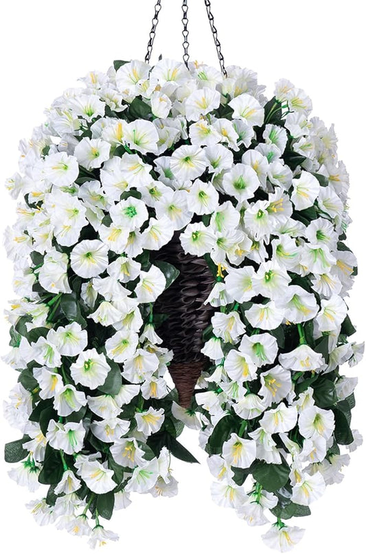Artificial Faux Hanging White Flowers Plants Basket for Outdoor Outside, Fake UV Resistant Realistic White Morning Glory Flowers for Porch Home Balcony Yard Patio Decoration-Ruum Studio Home