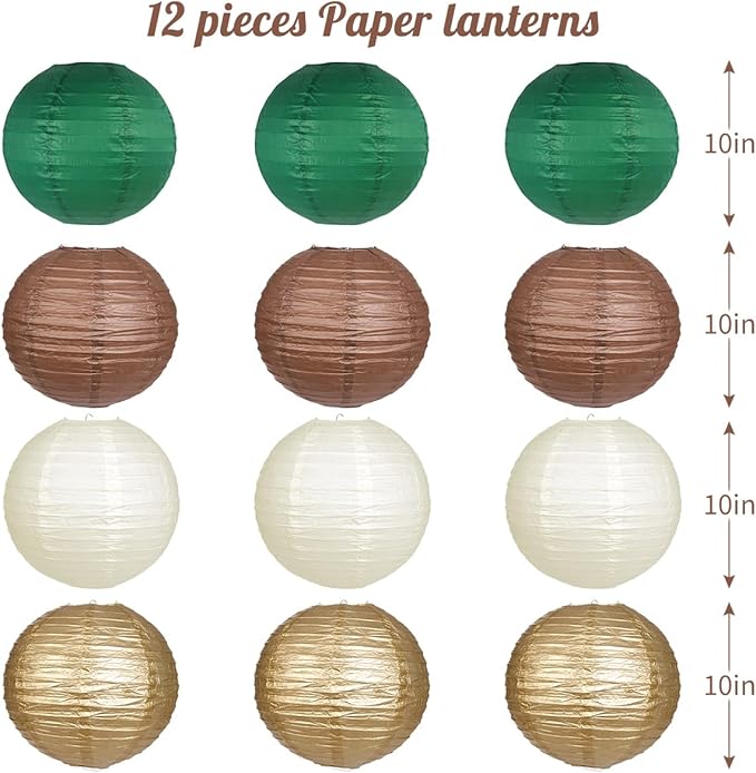Paper Lanterns Green Brown Gold Round Hanging Chinese Lanterns for Birthday Party Gender Neutral Woodland Baby Shower Decorations Pack of 12-Ruum Studio Home