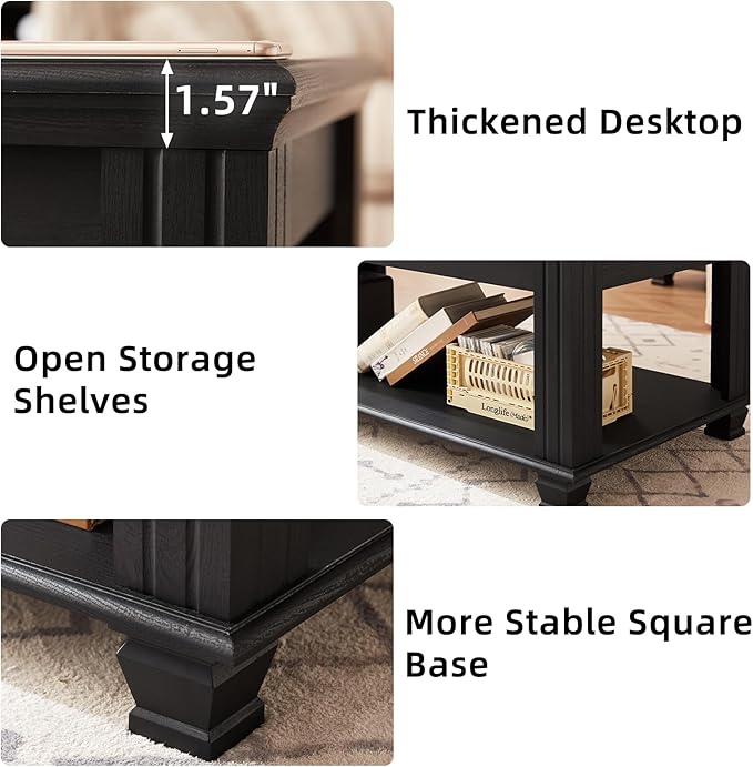 Farmhouse Coffee Tables for Living Room,Square Tea Table with Open Storage Shelf,Large Coffee Table,Rustic Wooden Center Table,Black-Ruum Studio Home