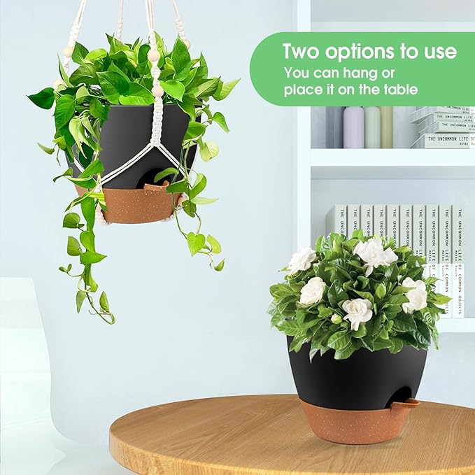 Hanging Planters for Indoor Outdoor Plants, 2 Pack Self Watering Hanging Pot with Drainage Holes, Removable Tray & 2 Kinds of Plant Hangers, 10'' Hanging Flower Pots for Home Garden Decor, Black-Ruum Studio Home