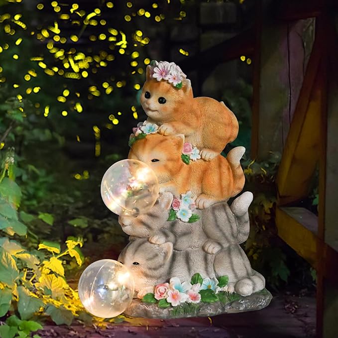 Solar Cat Garden Statue Resin Cat Statue Decor Outdoor with LED Lights for Outside Yard Art Lawn Ornaments Patio, Cat Lovers Gifts-Ruum Studio Home