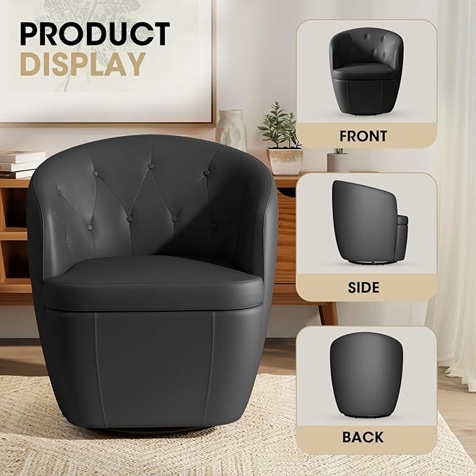 360° Swivel Leather Accent Chair, Modern Barrel Club Chair with Leather Upholstery and Sturdy Base, Comfortable Armchair for Living Room, Bedroom, Reading Nook, Brown-Ruum Studio Home
