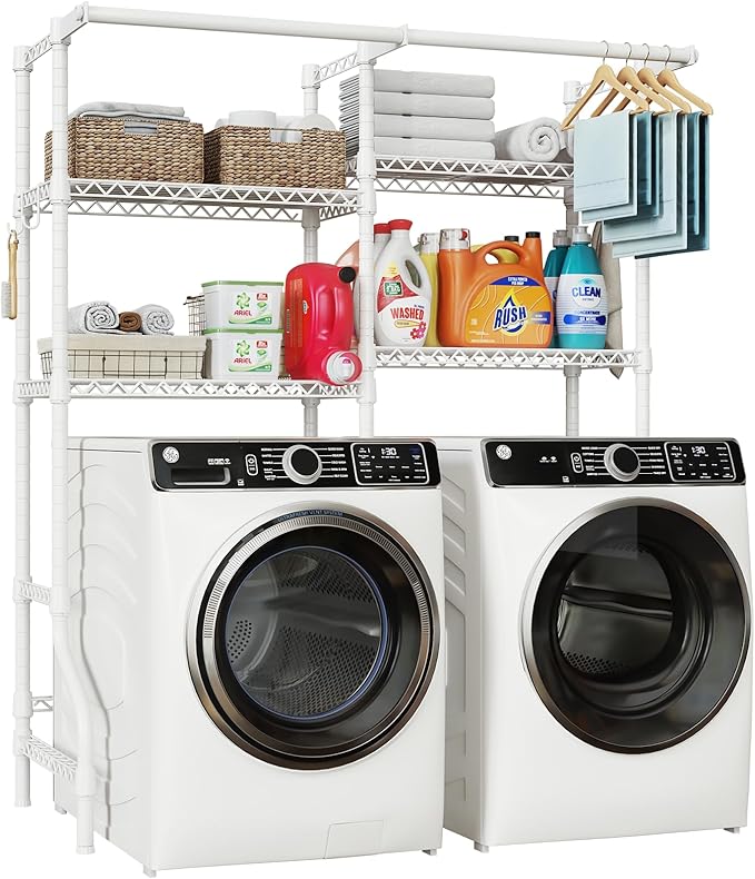 U14 Over Washer and Dryer Storage Shelves, 4 Tiers Laundry Room Storage and Organizer System, Space Saving Clothes Drying Rack with 2 Clothes Hanger Rods, 66.5" W x 20.5" D x 77.4" H, White-Ruum Studio Home