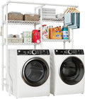 U14 Over Washer and Dryer Storage Shelves, 4 Tiers Laundry Room Storage and Organizer System, Space Saving Clothes Drying Rack with 2 Clothes Hanger Rods, 66.5" W x 20.5" D x 77.4" H, White-Ruum Studio Home
