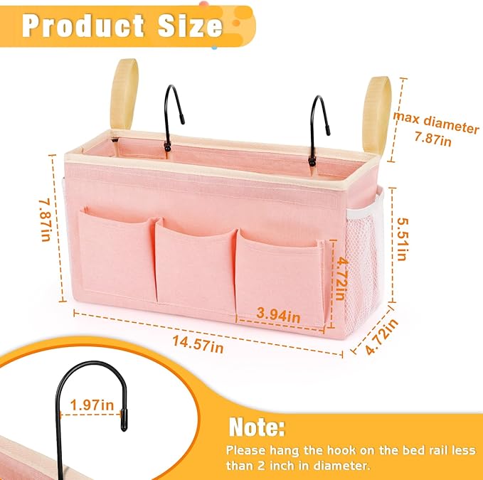 Bedside Caddy Bedside Organizer Bedside Storage Caddy with Fixed Straps and Water Bottle Holder for Home College Dorm Bunk Bed Hospital Bed Crib Bed Rails (2pcs Pink)-Ruum Studio Home