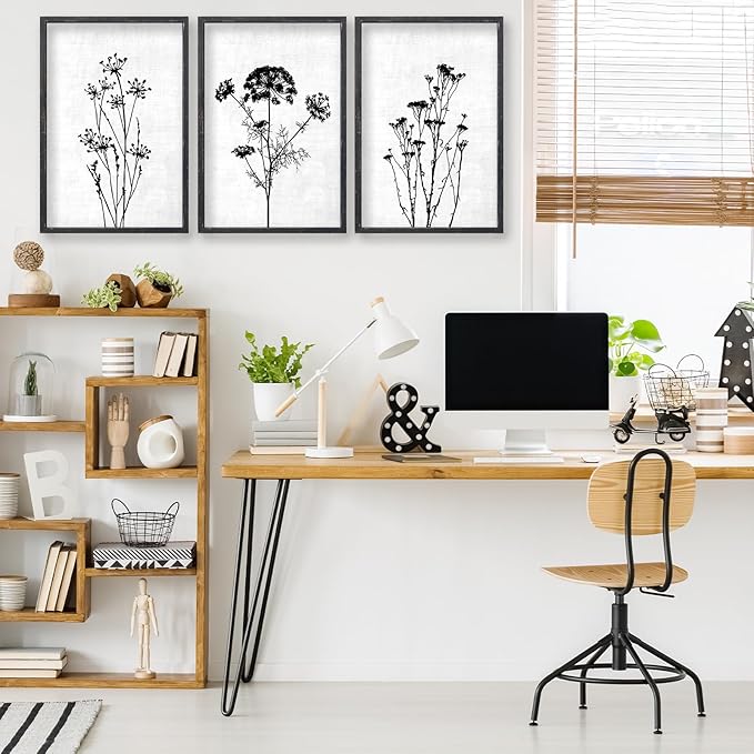 Flower Plant Wall Art Decor 24"x16" Set of 3 Black And White Botanical Painting Wood Framed For Minimalist Bedroom Office Rustic Living Room Abstract Wildflower Sign Hanging (Black)-Ruum Studio Home